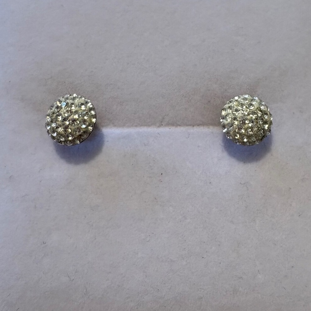 Silver Tone Clear Pave Crystal Round Stud Earrings Disco Ball Sparkle